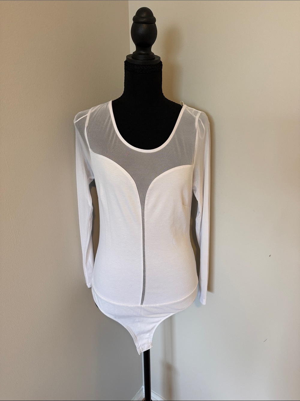 Ambiance White Sheer-Panel Long Sleeve Bodysuit